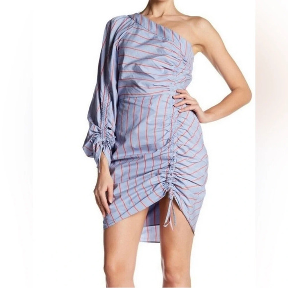 NWT Parker Harmon blue stripe one shoulder ruched lined dress size 4 - Picture 1 of 9